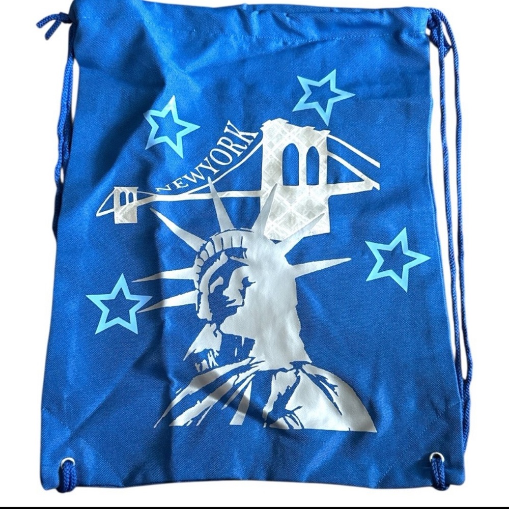 Blue Drawstring Backpack with Statue of Liberty Design